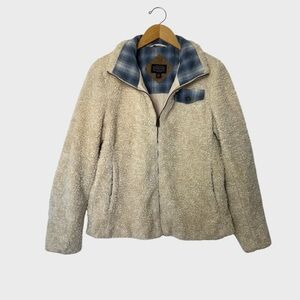 Pendleton Women Beige Sherpa Fleece Jacket Zip-Up Plaid Lined Coat Small Outdoor